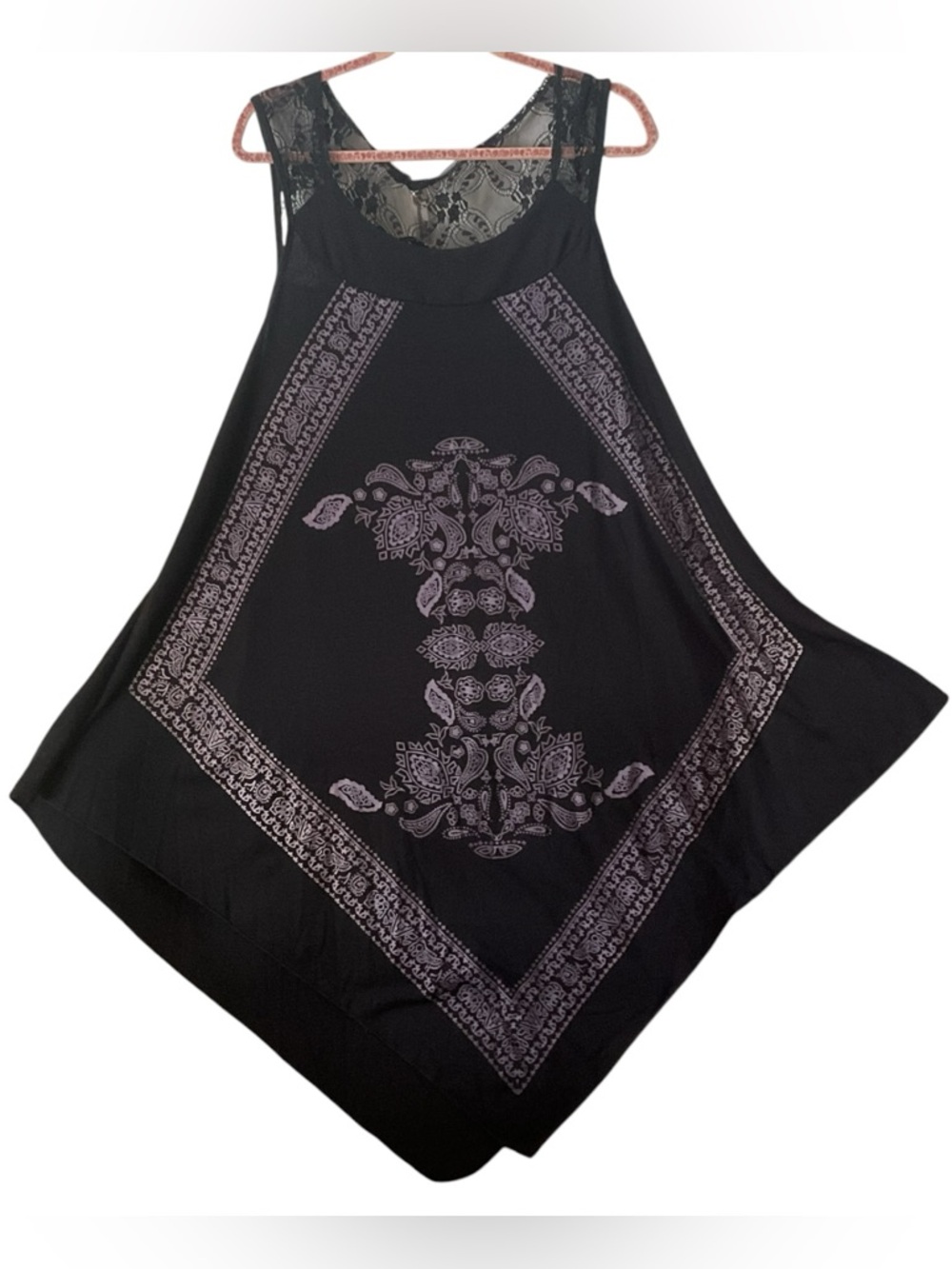 Shoreline NWT Black Handkerchief Hem Tunic Dress Lace Yoke Boho Bandana Print